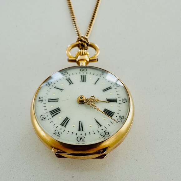 Solid Gold Pendant Pocket Watch + Gold Chain - Picture 5 of 12